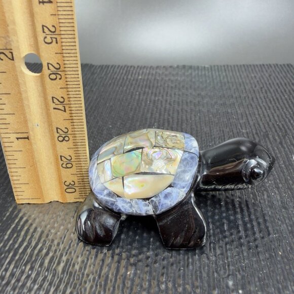 Hand Carved Small Black Turtle Abalone Mother Of Pearl Amphibian Figurine VTG - Picture 3 of 11